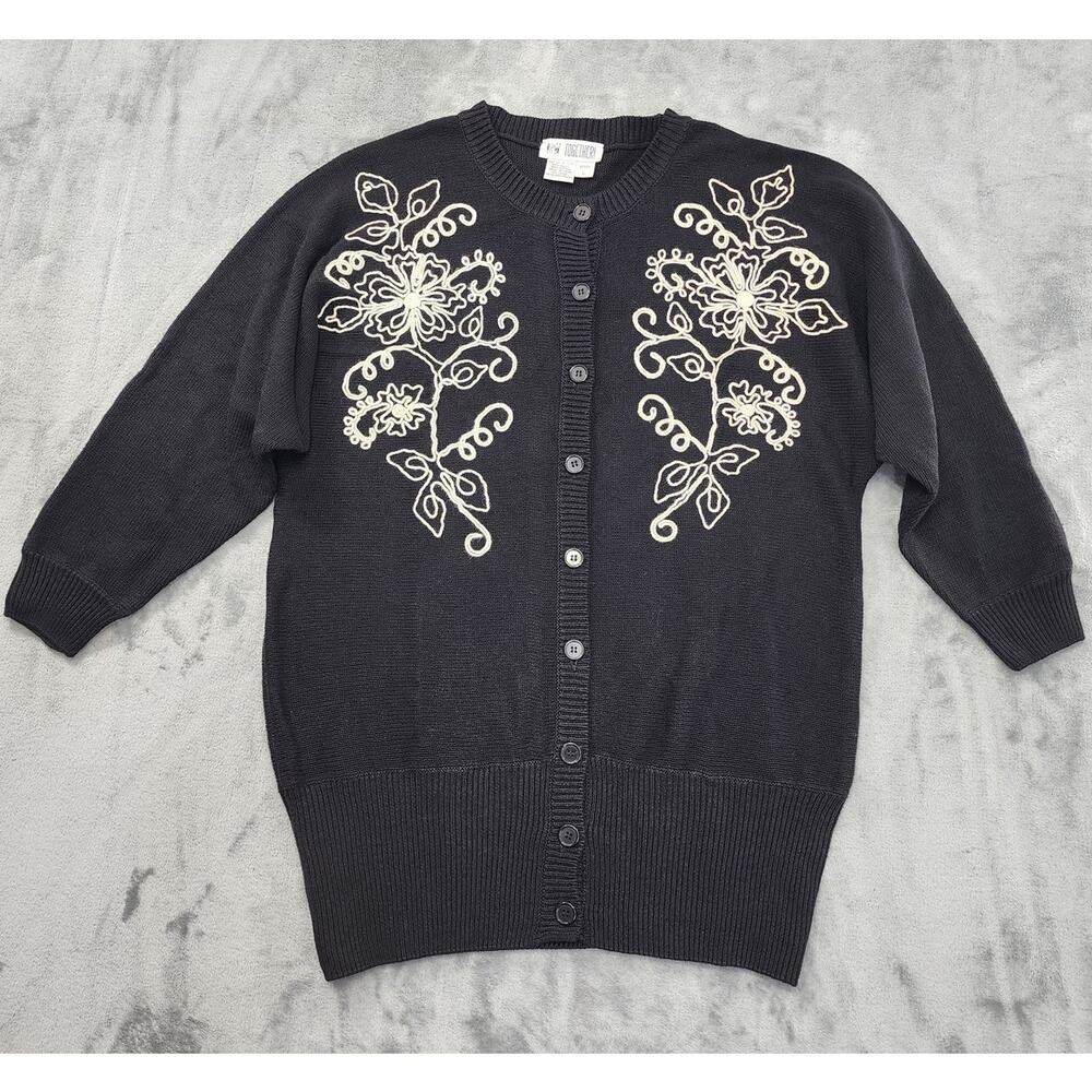 Vintage 80s Together! Embroidered Knit Cardigan Sweater L‎ Black Dolman Sleeves